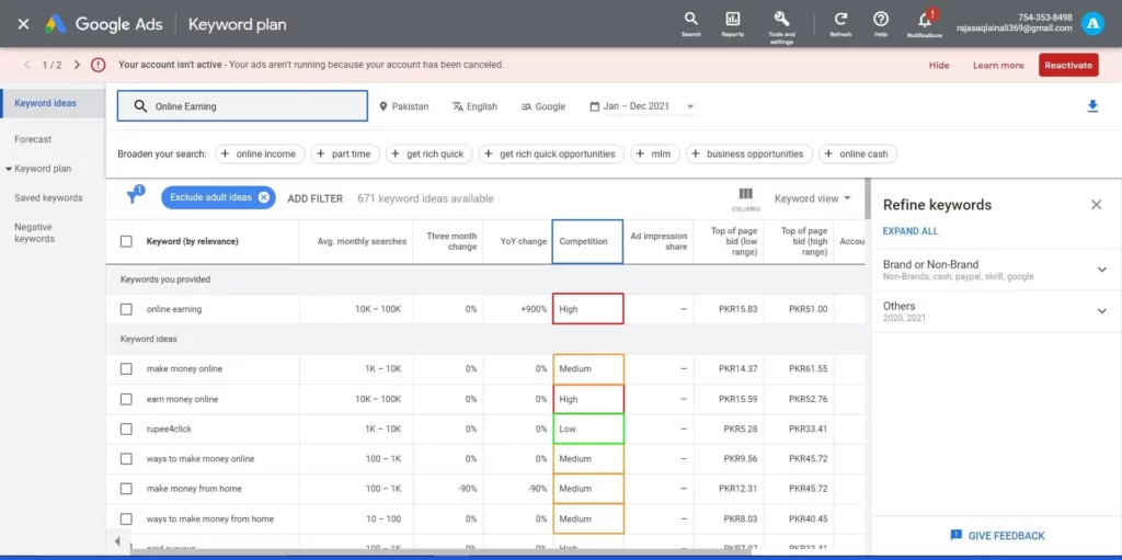 Keyword planner